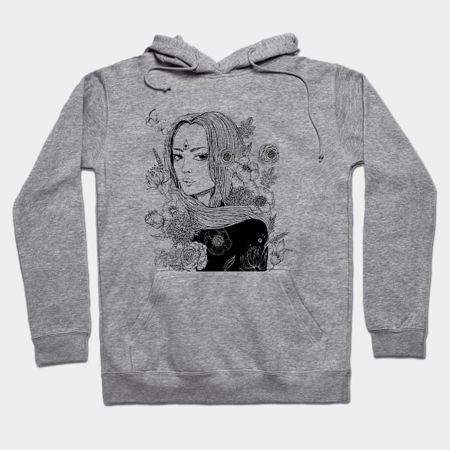 Floral Girl Line Art. Flowers Art, Black and White Girl Art Hoodie by EquilibriumArt